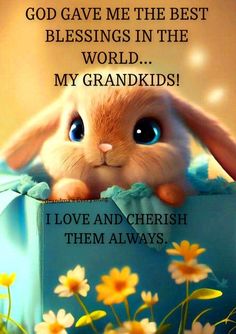 a bunny in a blue box with daisies on it and the words, god gave me the best blessing in the world my grandkids i love and cherish them always