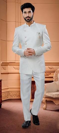 White and Off White color Jodhpuri Suit in Jacquard fabric with Broches work Bandhgala Suit Men, White Jodhpuri, Jodhpuri Suit, White Kurta, Suit Men, White Men, Off White Color, Bird Design, Super Sale