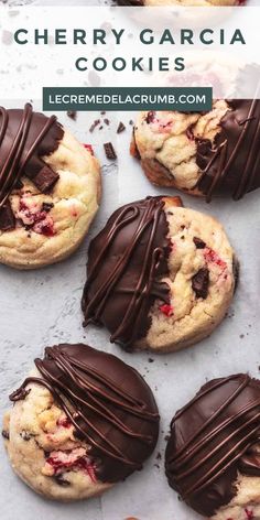 chocolate covered cookies on a baking sheet with the words cherry carolina cookies in the middle