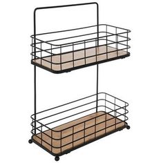 two tiered metal baskets on wheels with wood top and bottom, one is black