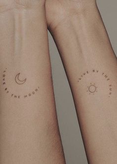 two wrist tattoos with the words live in the moment written on each arm and crescent