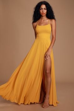 Glam Yellow Maxi Dress - Backless Maxi Dress - Mustard Dress - Lulus Long Yellow Dress, Raven Lyn, Golden Yellow Dress, Yellow Dress Outfit, Mustard Yellow Dresses, Inheritance Games, Orange Dresses, Yellow Bridesmaid Dresses, Yellow Maxi Dress