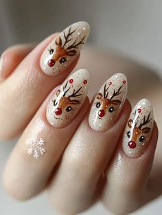 24 Xmas Nail Design Ideas For Christmas In 2024 Gel Nails Christmas 2024, Christmas Nail Designs Gingerbread Man, Rudolph Nails Acrylic, Classic Christmas Nail Designs, Nontraditional Christmas Nails, Cute Holiday Nail Designs, Subtle Christmas Nail Designs, Present Nail Designs, Fun Christmas Nail Art