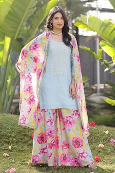 Mint kurta with embroidered honeycomb pattern highlighted by sequin and beads. Comes with floral print sharara and gota border dupatta. - Aza Fashions Embroidered Honeycomb, Floral Print Sharara, Kurta Sharara Set, Kurta Sharara, Sharara Set, Honeycomb Pattern, Set For Women, Aza Fashion, Silk Printing