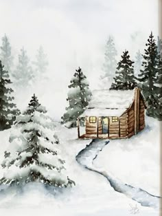 a painting of a cabin in the snow