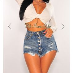 Complete Your Looks This Weekend In This Chic Denim High Waist Shorts. Features A Button Up Front, Destroyed Style With A Frayed Hem And Made Of Stretchy Denim For A Perfect Fit. Chrome 5 Button Up Closure High Waist 5 Pockets Style Frayed Hem Design Stretchy Fabric: 100% Cotton Rise: 11" Jean Shorts With Buttons For Summer, High-waisted Button Jean Shorts For Summer, Trendy High-waisted Jean Shorts With Button Closure, High Rise Jean Shorts With Buttons For Summer, High Rise Buttoned Jean Shorts For Summer, Jean Shorts With Button Closure For Summer Day Out, Denim Shorts With Button Closure For Day Out, Button-up Jean Shorts For Summer, Summer Button-up Jean Shorts