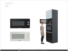 a woman standing next to a microwave and oven