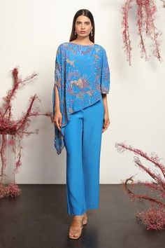 Shop for Nayantara Couture Blue Silk Crepe Mabel Asymmetric Top And Pant Set for Women Online at Aza Fashions Silk Pant, Asymmetric Top, New Address, Top And Pants Set, Top Pants Set, Matching Pants, Silk Pants, Desi Fashion, Asymmetrical Tops