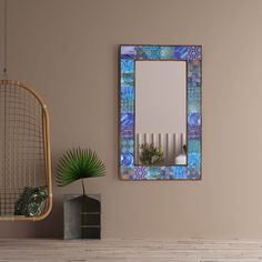 an empty room with a mirror and plant on the floor, next to a rattan hammock