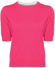 Classic Pink Top With Ribbed Collar, Pink Tops With Ribbed Collar For Spring, Cashmere Tops With Ribbed Crew Neck, Cashmere Tops With Ribbed Collar And Crew Neck, Pink Short Sleeve Cotton Knit Top, Pink Fitted Short Sleeve Knit Top, Pink Crew Neck Knit Top, Summer Tops With Ribbed Crew Neck, Pink Crew Neck Top With Ribbed Neckline