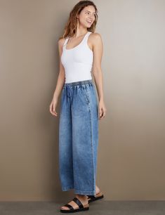 Are they super-comfy, super-cute, or super-versatile? All of those, and so much more! The Pull on Crop Wide Leg Jeans — oh-so-soft, with a drawstring waist, from Wash Lab Denim just might be your favorite jeans, ever! The model is 5'9" wearing size small Fabric: 99% Cotton 1% Spandex Front Rise: 12" Inseam: 24" Crop Wide Leg Jeans, Below The Knee Skirt, Below The Knee Dresses, Denim Corset Top, Sleeveless Denim Dress, Cropped Wide Leg Jeans, Denim Corset, Denim Overall Dress, Knee Skirts