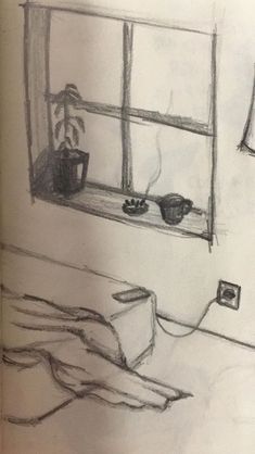 a drawing of a room with a window and some plants in the window sill