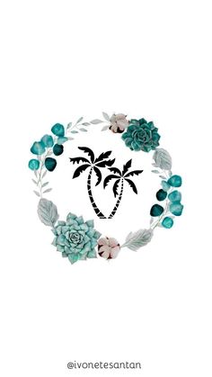 a white background with blue flowers and green leaves in the center is an image of a palm tree surrounded by succulents