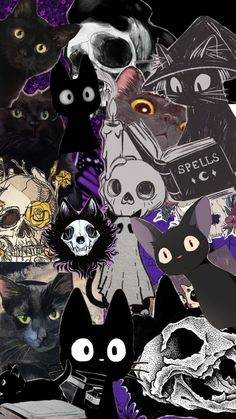 a collage of cats and skulls on a black background