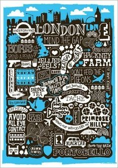 a blue and black poster with the words london in different languages, on it's side