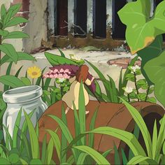 a painting of plants and flowers in front of a building