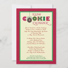 the holiday cookie exchange is on display in this red and green checkerboard card