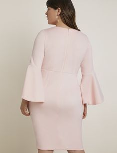 Flare Sleeve Scuba Dress | Women's Plus Size Dresses | ELOQUII Feminine Fitted Bell Sleeve Dress, Fitted Bodycon Dress With Bell Sleeves, Pink Fitted Bell Sleeve Dress, Formal Fitted Mini Dress With Bell Sleeves, Pink Fitted Dress With Bell Sleeves, Fitted Bell Sleeve Mini Dress For Work, Fitted Mini Dress With Bell Sleeves For Work, Fitted Bell Sleeve Midi Dress For Formal Occasions, Formal Fitted Bell Sleeve Midi Dress