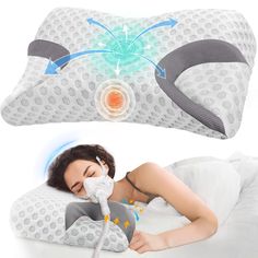 a woman laying in bed with an oxygen tube attached to her neck and the image shows how it works