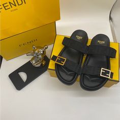 Brand New Luxury Black Slides With Buckle Closure, Designer Black Slides With Buckle Closure, Girly Shoes, Fendi Shoes, Black Sandals, Women's Shoes Sandals, Shoes Sandals, Fendi, Women Shoes