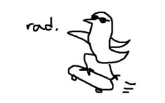 a drawing of a bird on a skateboard with the word rad above it