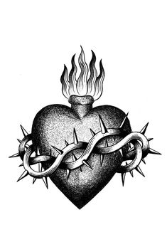 a heart with barbed wire and a flame on the side, surrounded by two chains