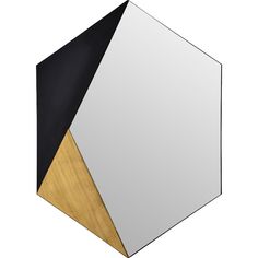 a white and black hexagonal object with gold trim on the edges, against a white background