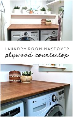 a laundry room makeover with wood countertops and washer and dryer combo