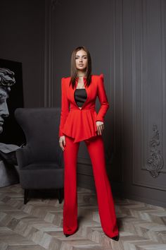 Unleash your feminine power with the Alexa Suit. The flared high waist pants paired with a sleek blazer make for a head-turning silhouette that exudes confidence and grace Fabric: сrepe, satin trims Viscose 50%, polyester 40%, elastane 10% Concealed hook fastening at front High waist flared pants 70s Inspired Fashion, Suiting Fabric, Feminine Power, Flared Pants, 70s Inspired, Style Mistakes, Waist Pants, Leather Fabric, Flare Pants