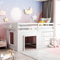 a child's bedroom with pink walls and stars on the wall, white bunk bed