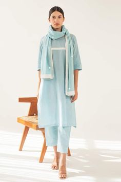 Blue kurta with contrast white stripe applique patterns. Comes with pant and stole. - Aza Fashions Applique Kurta, Blue Kurta, Kurta Pant Set, A Line Kurta, Kurta With Pants, Applique Patterns, Pant Set, Set For Women, Aza Fashion