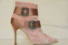 In spring cheat on leather with velvet. Sensual, sumptuous, and plush, it is impossible not to want to touch. Unapologetically seductive for the untouchable woman. 100% AUTHENTIC, BRAND NEW IN BOX MANOLO BLAHNIK  PLINIA  BOOTS   in  Luxurious soft Pink Velvet , adorned with Hangisi Crystal Brooches Timeless evening  pair, meticulously handcrafted in Italy  Retail $1495 + tax= $1628.05!!!!   Stand tall in Manolo Blahnik's Plinia ankle boot, a sharply angled design hand crafted in Italy using a de Fantastic Shoes, Crystal Brooch, Pink Velvet, Boots Shoes, Manolo Blahnik, Soft Pink, Bootie, Shoes Women Heels, Brooches