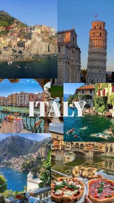 the collage shows different views of italy and its surrounding mountains, buildings, and water