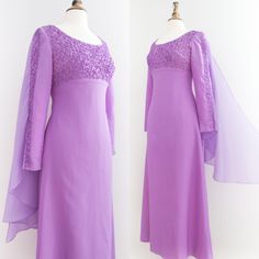 Vintage 1970's Purple Angel Sleeve Maxi Dress * XS/S MEASUREMENTS: SHOULDERS: 15.5" BUST: up to 34"-35" EMPIRE WAIST: up to 29", measured just below bust HIPS: up to 38" LENGTH: 54.5" SLEEVE LENGTH: 23 fits like XS/S A Bridgerton-worthy maxi gown with floral ribbon work, and some of the most incredible chiffon sleeves we've seen! The sleeves are sewn along the length of the sleeve to create a flowing, waterfall that cascades down the back.  This lined, polyester dress fastens down the back with Purple Angel, Chiffon Sleeves, Floral Ribbon, Maxi Gown, Angel Sleeve, Ribbon Work, 1970s Fashion, Sleeve Maxi Dress, Maxi Gowns