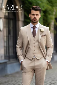 Mens Wedding Suits Beige, 3 Pices Suit For Men Wedding, Beige 3 Piece Suit Men, Groom Suit Beige, Beige Three Piece Suit Men, Beige Notch Lapel Groom Suit Set, Classic Beige Semi-formal Sets, Classic Beige Sets For Groom, Classic Beige Formal Set