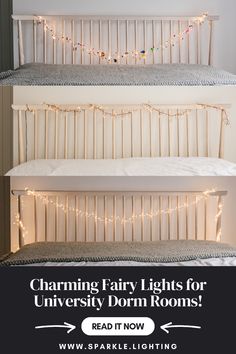 three shelves with lights on them and the words charming fairy lights for university dorm rooms read it now