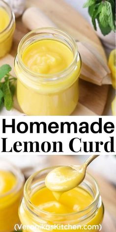 homemade lemon curd in small glass jars with spoon