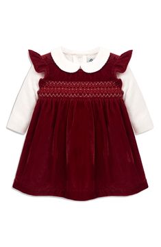 Your wee one will look so precious celebrating the holidays in a red velvet dress that looks adorable worn with or without the pretty pointelle jumpsuit. Bodysuit snaps at back Dress is 100% polyester Bodysuit is 100% cotton Machine wash, tumble dry Imported Velvet Baby Dress, Velvet Dress Long Sleeve, Newborn Girl Dresses, Smocked Baby Dresses, Velvet Dress Long, Long Sleeve Velvet Dress, Red Velvet Dress, Baby Christmas Outfit