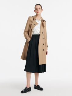 Worsted Wool Gathered Waist Double-Breasted Women Trench Coat Trench Coats Women, Wool Fabric, Double Breasted, Length Sleeve, Full Length, Trench Coat, Wool, Fabric