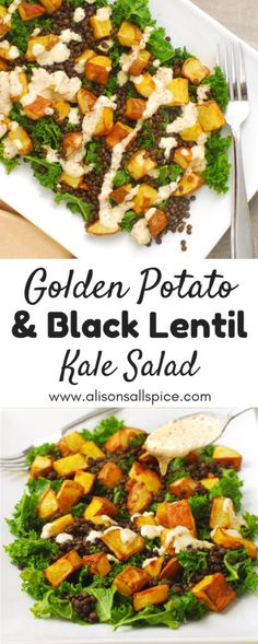 golden potatoes and black lentil kale salad on a white plate with a fork