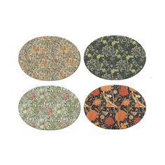 four circular coasters with floral designs on the front and back, all in different colors