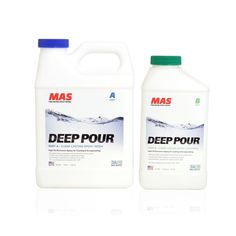 two gallon jugs of deep pour water on a white background, one is green and the other is blue