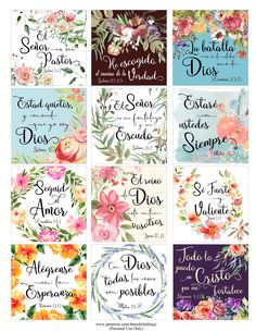 six different floral cards with the names of each card in english and spanish, including one for