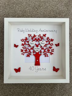 a white frame with red and white hearts on it that says ruby wedding anniversary 40 years