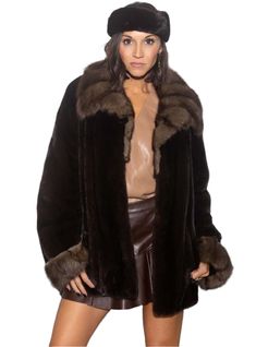 Mink Fur Jacket with Sable Collar and Cuffs. Luxury Formal Fur Coat With Faux Fur Lining, Luxury Formal Fur Coat With Faux Fur Trim, Formal Outerwear With Faux Fur Trim, Elegant Brown Faux Fur Outerwear, Luxury Mink Colored Outerwear For Formal Events, Elegant Formal Fur Coat With Faux Fur Trim, Formal Faux Fur Outerwear In Mink Color, Formal Fur Coat With Faux Fur Trim, Luxury Evening Fur Coat With Faux Fur Lining