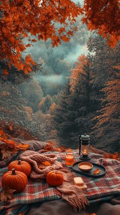 an autumn picnic with pumpkins and coffee on the blanket in front of trees that have orange leaves