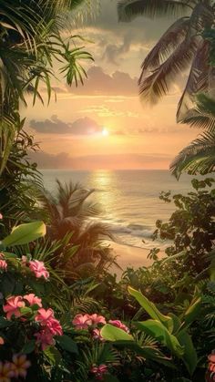 the sun is setting over the ocean with palm trees and flowers in front of it