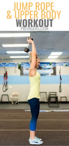 a woman is doing an exercise with a kettle