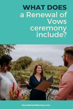 a man and woman standing next to each other with the words what does a renewal of vows ceremony include?