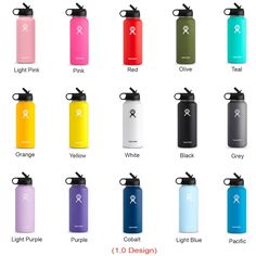 the different types of water bottles are shown in this image, with their names on them